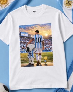 Remera blanca Snoopy y Messi